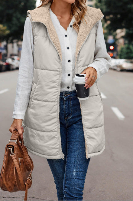 PrettyGarden Women's Warm Reversible Vests Sleeveless Fleece Basic Jacket Zip Up Coat Long Outerwear With Pockets And Hoodie Casual Outfit#Hoodieing - Seldom Seen Styles