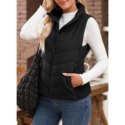 Doudoune sans manches pour femme avec fermeture éclair, col montant, matelassée, gilet chaud d'hiver avec poches