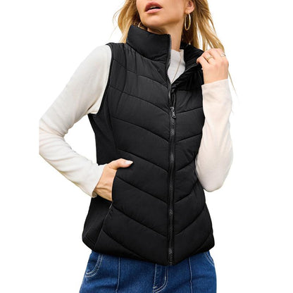 Doudoune sans manches pour femme avec fermeture éclair, col montant, matelassée, gilet chaud d'hiver avec poches