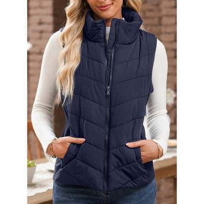 Doudoune sans manches pour femme avec fermeture éclair, col montant, matelassée, gilet chaud d'hiver avec poches