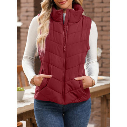 Doudoune sans manches pour femme avec fermeture éclair, col montant, matelassée, gilet chaud d'hiver avec poches