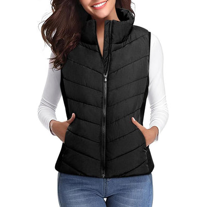 Doudoune sans manches pour femme avec fermeture éclair, col montant, matelassée, gilet chaud d'hiver avec poches