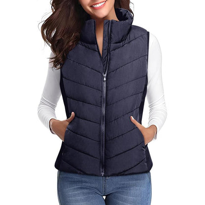 Doudoune sans manches pour femme avec fermeture éclair, col montant, matelassée, gilet chaud d'hiver avec poches