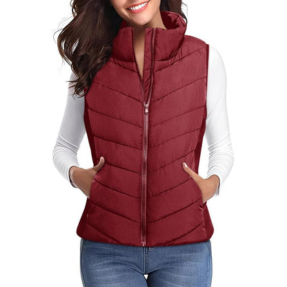 Doudoune sans manches pour femme avec fermeture éclair, col montant, matelassée, gilet chaud d'hiver avec poches
