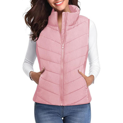 Doudoune sans manches pour femme avec fermeture éclair, col montant, matelassée, gilet chaud d'hiver avec poches
