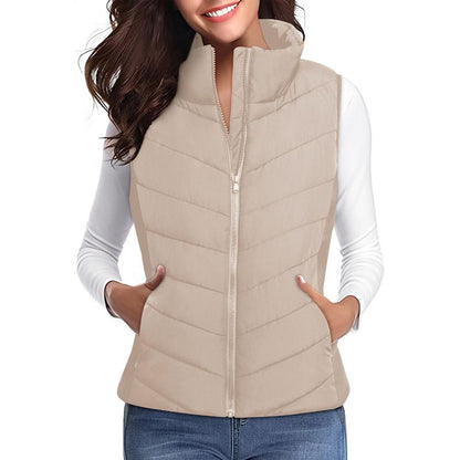 Doudoune sans manches pour femme avec fermeture éclair, col montant, matelassée, gilet chaud d'hiver avec poches