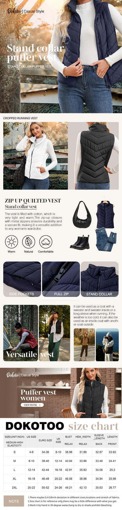 Doudoune sans manches pour femme avec fermeture éclair, col montant, matelassée, gilet chaud d'hiver avec poches