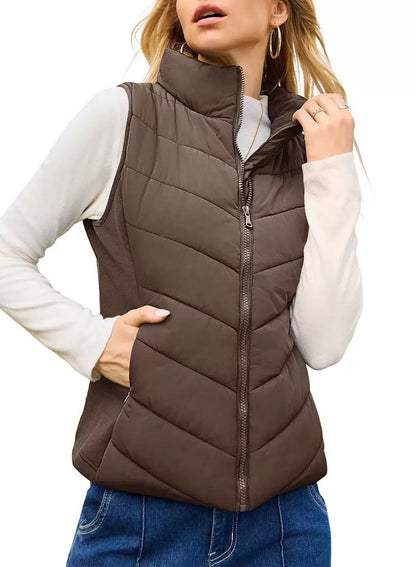 Doudoune sans manches pour femme avec fermeture éclair, col montant, matelassée, gilet chaud d'hiver avec poches