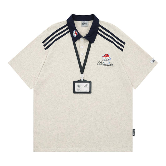 Puppy Embroidered Polo Collar Short Sleeve T-Shirt Striped Loose Fit College Couple Casual Streetwear Versatile Top | Pup Polo Tee - Seldom Seen Styles