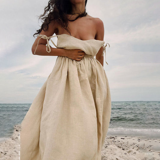 Pure cotton V-neck suspender skirt women's spring new temperament elegant sexy strap backless dress - Seldom Seen Styles