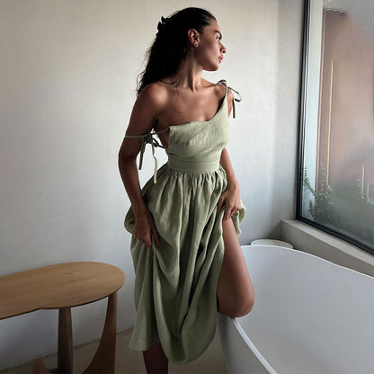 Pure cotton V-neck suspender skirt women's spring new temperament elegant sexy strap backless dress