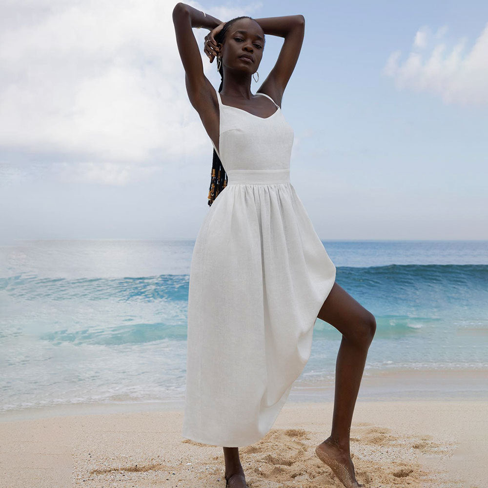 Pure cotton V-neck suspender skirt women's spring new temperament elegant sexy strap backless dress - Seldom Seen Styles