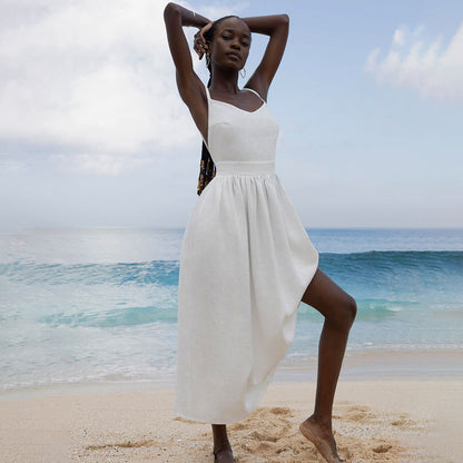 Pure cotton V-neck suspender skirt women's spring new temperament elegant sexy strap backless dress