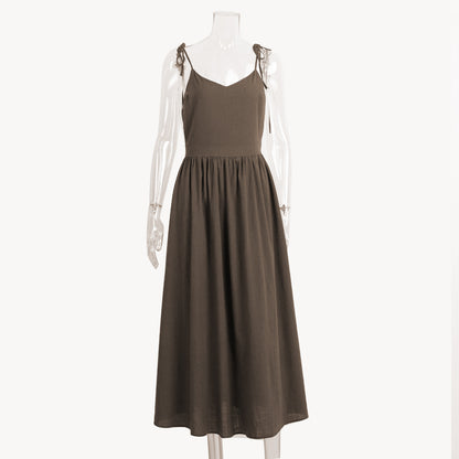 Pure cotton V-neck suspender skirt women's spring new temperament elegant sexy strap backless dress