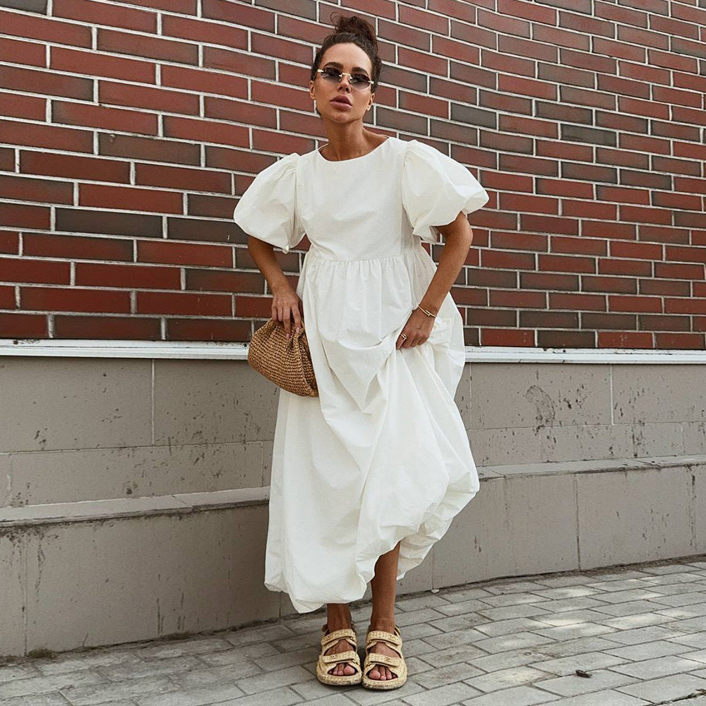 Pure cotton crew neck puff sleeve dress spring and summer new solid color loose casual dress for women - Seldom Seen Styles