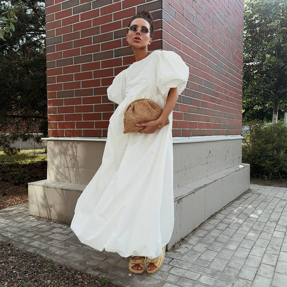 Pure cotton crew neck puff sleeve dress spring and summer new solid color loose casual dress for women - Seldom Seen Styles