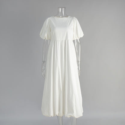 Robe femme en pur coton à col rond et manches bouffantes, nouvelle collection printemps-été, unie et décontractée
