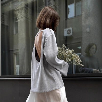 Pure cotton pullover sweater autumn and winter new temperament loose lazy sexy backless knitted sweater