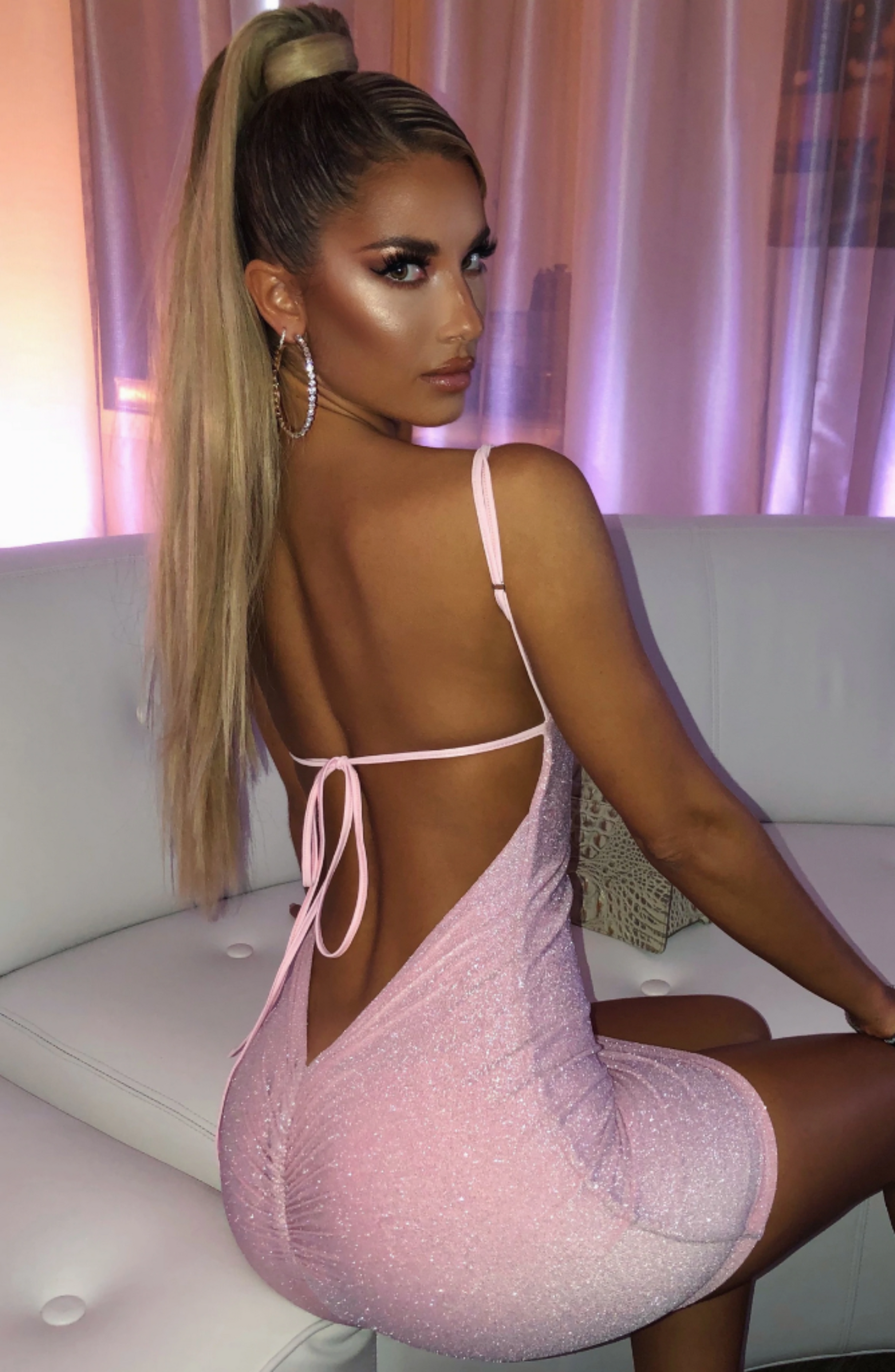 Women's Sparkle Glitter Mini Dress Stretchy Lurex Bodycon Low V Back Tie-Up Adjustable Straps Double Layered Party Club Night Out Dress - Seldom Seen Styles