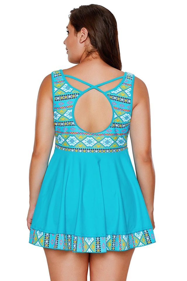 Turquoise Tribal Print Swim Dress With Shorts - Seldom Seen Styles
