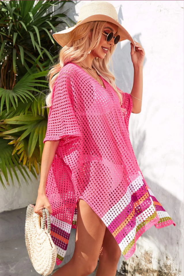 Rainbow Stripe Openwork Slit Cover Up - Seldom Seen Styles