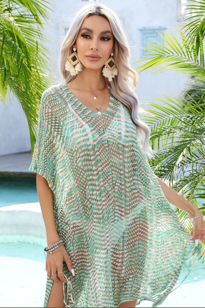 Multicolored Openwork Tassel Slit Cover-Up