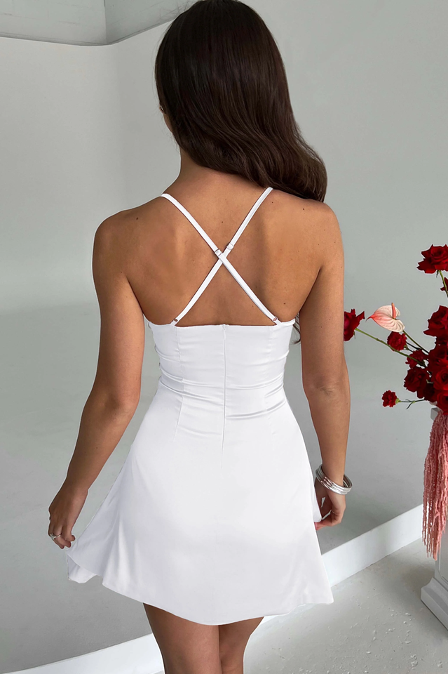 Women's Satin Plunge Mini Dress Ruffle Side Skirt Pleated Bust Cross Back Adjustable Straps Body-Hugging Party Cocktail Night Out Dress - Seldom Seen Styles