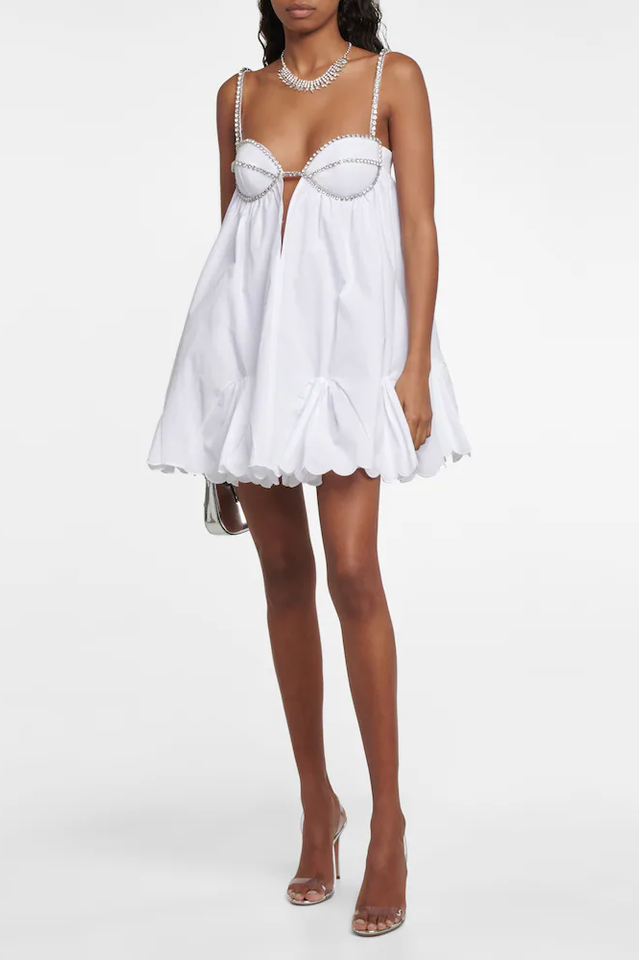 Women's Crystal Trim Scallop Hem Mini Dress Sweetheart Neckline Padded Cups Chest Cutout Adjustable Straps Zip Back Party Cocktail Dress - Seldom Seen Styles