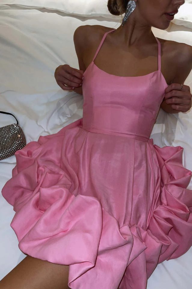 Women's Backless Bustier Mini Dress Built-In Corset Satin Gloss Flounce Hem Crossed Straps Lined Romantic Date Night Dinner Party Dress - Seldom Seen Styles