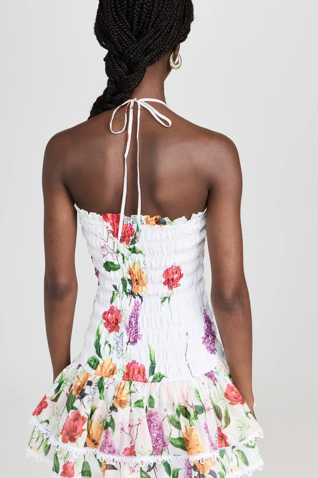 Women's Floral Print Strapless Mini Dress Smocked Bodice Tiered Ruffle Skirt Crochet Lace Trim 100% Cotton Summer Beach Boho Dress - Seldom Seen Styles
