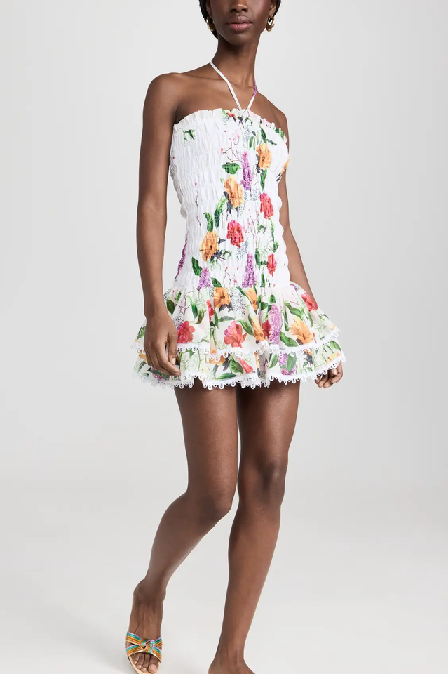 Women's Floral Print Strapless Mini Dress Smocked Bodice Tiered Ruffle Skirt Crochet Lace Trim 100% Cotton Summer Beach Boho Dress - Seldom Seen Styles