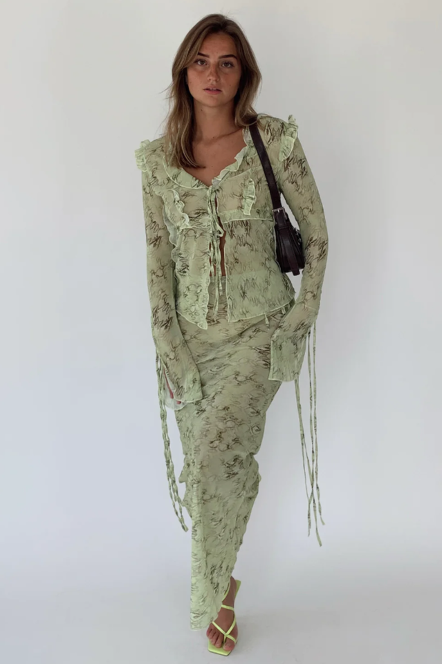 Women's Two-Piece Mesh Blouse Maxi Skirt Set V-Neck Tie Collar Flared Sleeve Frilled Hem Outfit for Party Summer Vacation Beach - Seldom Seen Styles