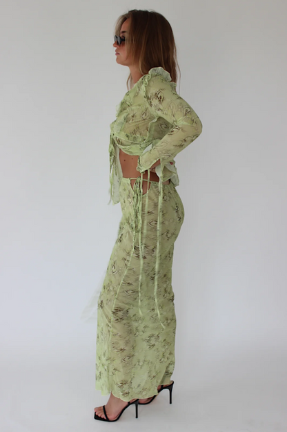 Women's Two-Piece Mesh Blouse Maxi Skirt Set V-Neck Tie Collar Flared Sleeve Frilled Hem Outfit for Party Summer Vacation Beach