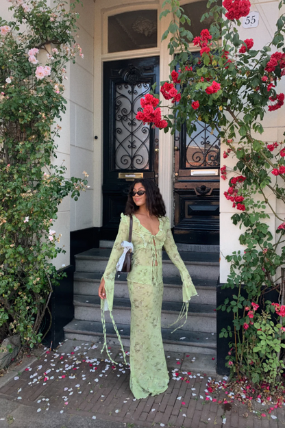 Women's Two-Piece Mesh Blouse Maxi Skirt Set V-Neck Tie Collar Flared Sleeve Frilled Hem Outfit for Party Summer Vacation Beach