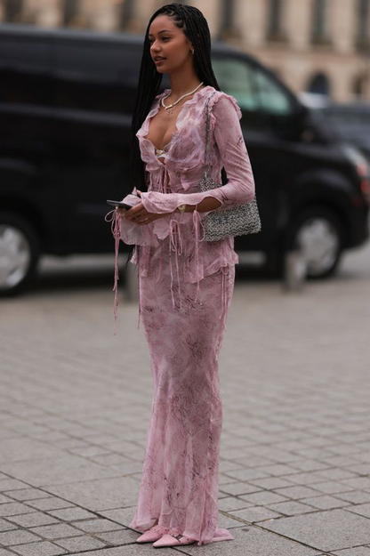 Women's Two-Piece Mesh Blouse Maxi Skirt Set V-Neck Tie Collar Flared Sleeve Frilled Hem Outfit for Party Summer Vacation Beach