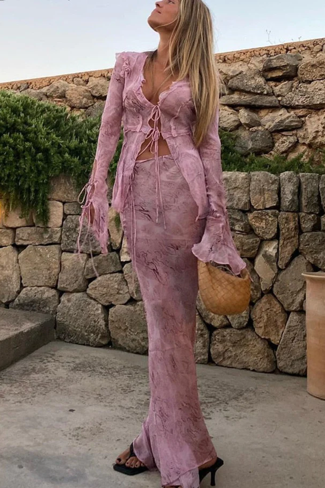 Women's Two-Piece Mesh Blouse Maxi Skirt Set V-Neck Tie Collar Flared Sleeve Frilled Hem Outfit for Party Summer Vacation Beach - Seldom Seen Styles