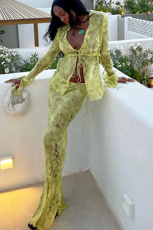 Women's Two-Piece Mesh Blouse Maxi Skirt Set V-Neck Tie Collar Flared Sleeve Frilled Hem Outfit for Party Summer Vacation Beach - Seldom Seen Styles