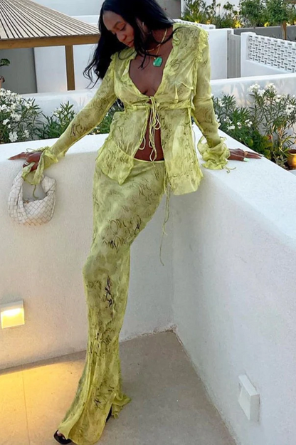 Women's Two-Piece Mesh Blouse Maxi Skirt Set V-Neck Tie Collar Flared Sleeve Frilled Hem Outfit for Party Summer Vacation Beach