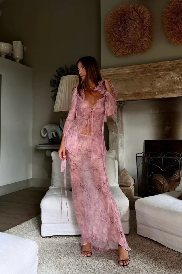 Women's Two-Piece Mesh Blouse Maxi Skirt Set V-Neck Tie Collar Flared Sleeve Frilled Hem Outfit for Party Summer Vacation Beach - Seldom Seen Styles