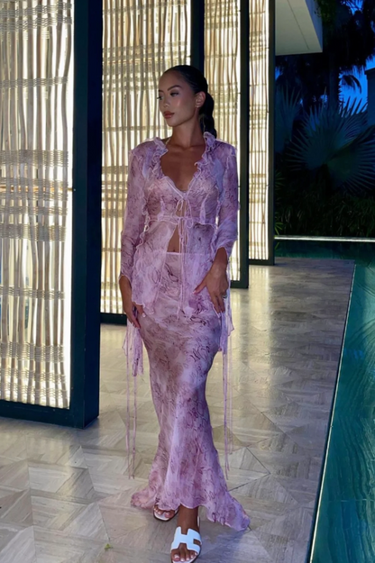 Women's Two-Piece Mesh Blouse Maxi Skirt Set V-Neck Tie Collar Flared Sleeve Frilled Hem Outfit for Party Summer Vacation Beach