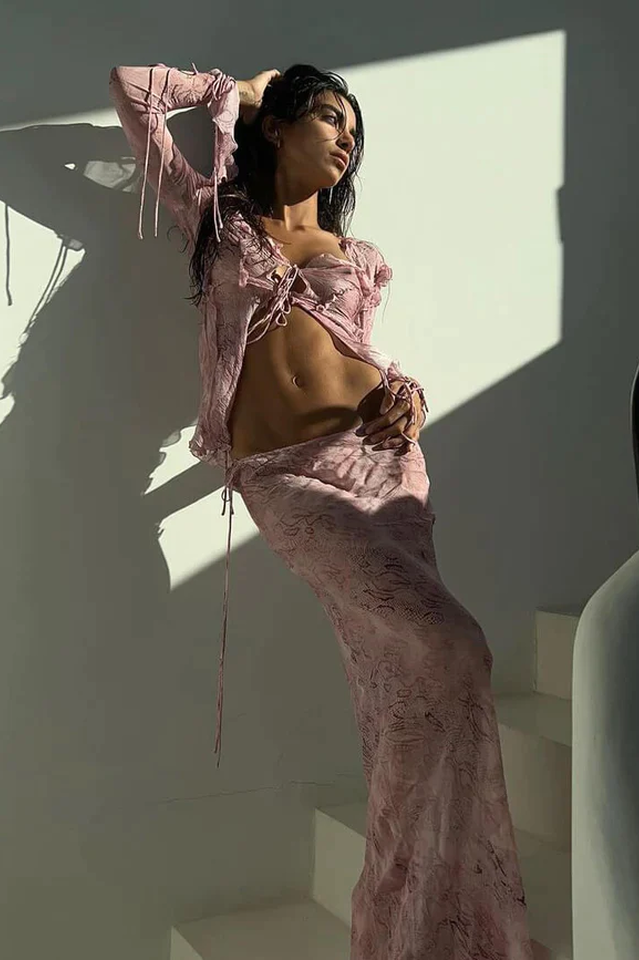Women's Two-Piece Mesh Blouse Maxi Skirt Set V-Neck Tie Collar Flared Sleeve Frilled Hem Outfit for Party Summer Vacation Beach - Seldom Seen Styles