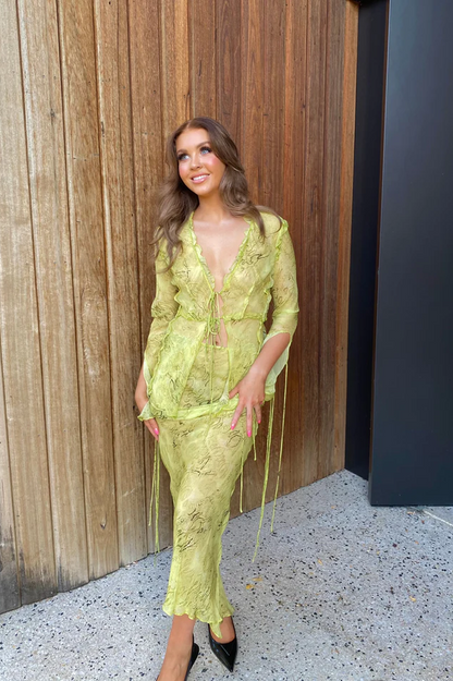 Women's Two-Piece Mesh Blouse Maxi Skirt Set V-Neck Tie Collar Flared Sleeve Frilled Hem Outfit for Party Summer Vacation Beach