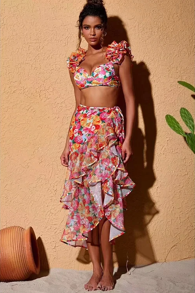 3D Floral Print Swimsuit & Skirt Set - Seldom Seen Styles