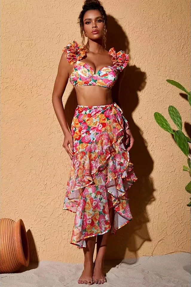 3D Floral Print Swimsuit & Skirt Set - Seldom Seen Styles