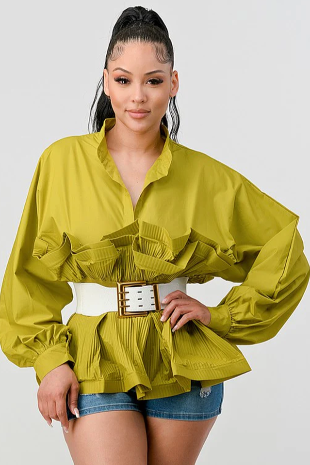 Women's Ruffle Peplum Blouse Belted Puff Sleeve Statement Top - Seldom Seen Styles