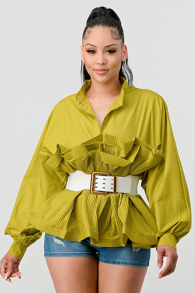 Women's Ruffle Peplum Blouse Belted Puff Sleeve Statement Top - Seldom Seen Styles