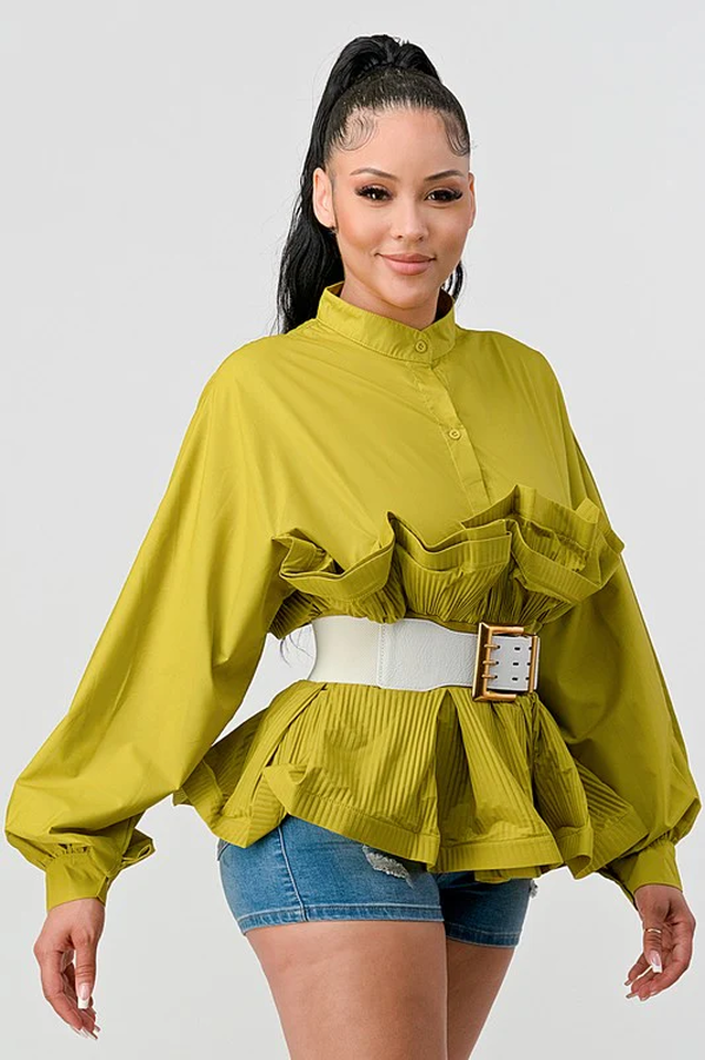 Women's Ruffle Peplum Blouse Belted Puff Sleeve Statement Top - Seldom Seen Styles