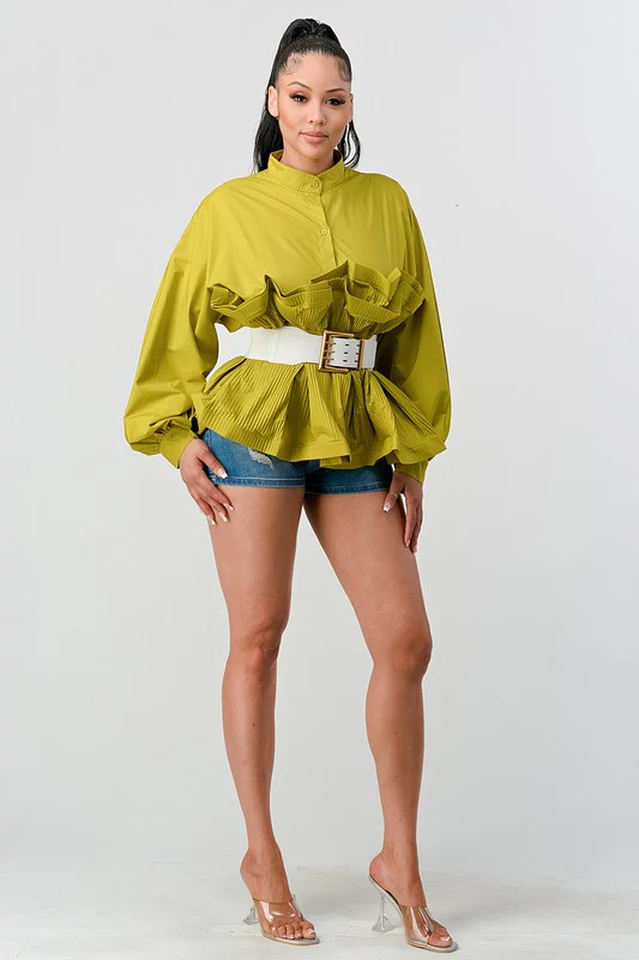 Women's Ruffle Peplum Blouse Belted Puff Sleeve Statement Top - Seldom Seen Styles