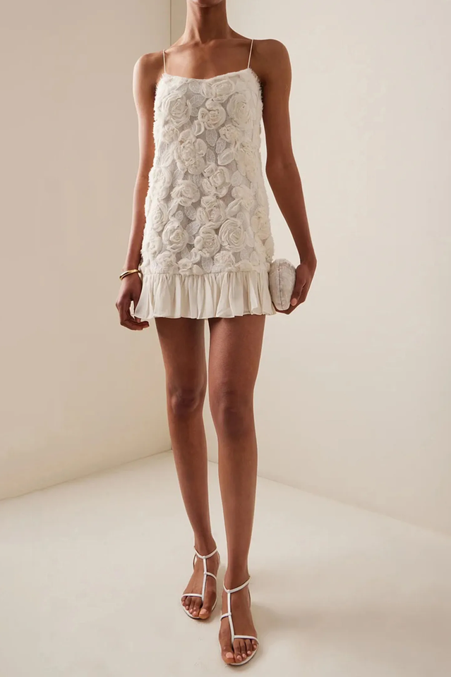 Women's Floral Applique Mini Dress White Lace Spaghetti Strap Elegant Party Cocktail Dress - Seldom Seen Styles