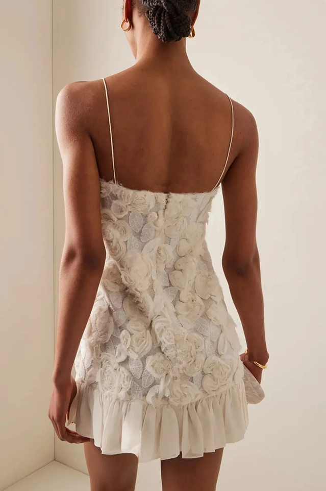 Women's Floral Applique Mini Dress White Lace Spaghetti Strap Elegant Party Cocktail Dress - Seldom Seen Styles